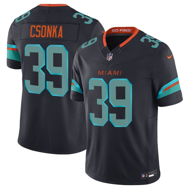 Men's Black Miami Dolphins #39 Larry Csonka 2025 F.U.S.E. “Rivalries” Vapor Limited Stitched Football Jersey